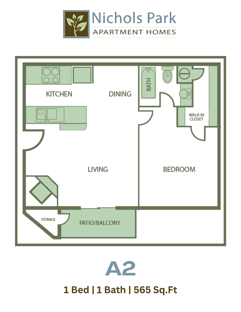 A floor plan for a 1 bedroom, 1 bathroom apartment at Nichols Park Apartment Homes.